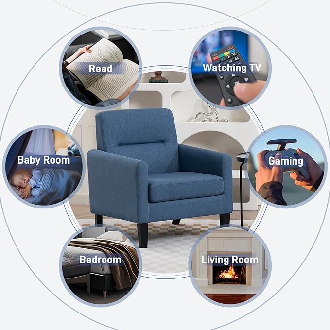 Accent Chair, Mid Century Modern Living Room Chairs Comfy Reading Chair with Upholstered Cushion Relax Armchair for Bedroom Apartment,Office,Blue