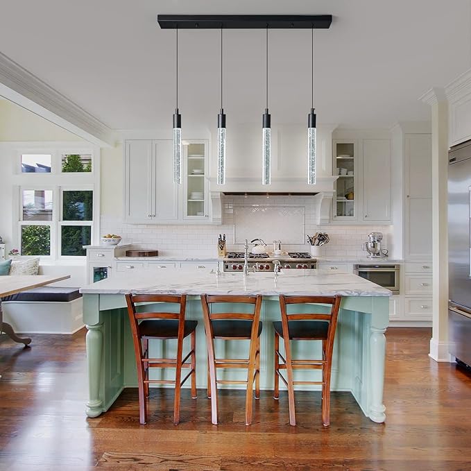 Kitchen Island Lighting Modern Light Fixture Black Pendant Light Dimmable LED Black Finish Mini Crystal Pendant Lights for Dining Room Living Room（4-Light ）