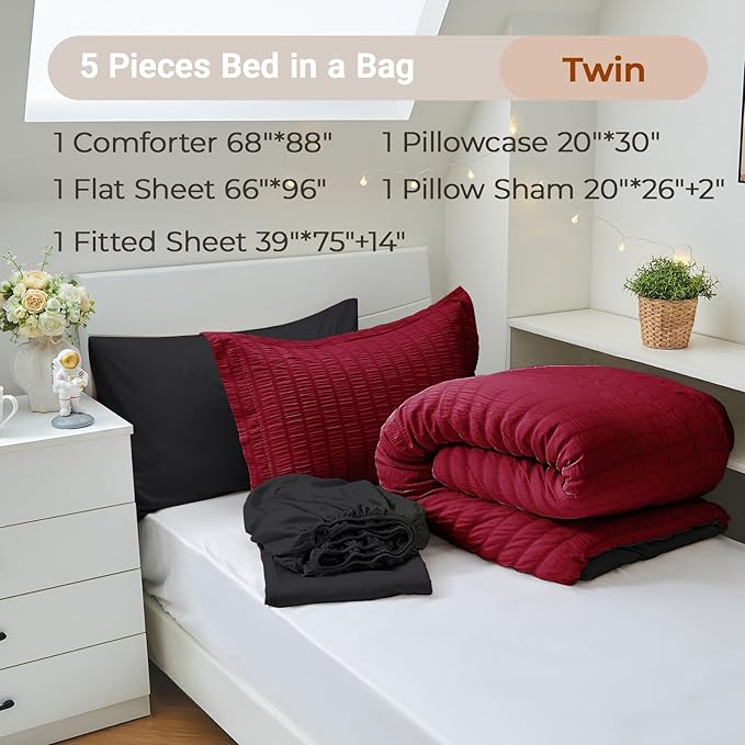 MUXHOMO 5 Pieces Twin Comforter Set, Seersucker Bed in a Bag Twin Size, All Season Luxury Bedding Set with Comforter, Flat Sheet, Fitted Sheet, Pillowcase & Sham, Red & Black