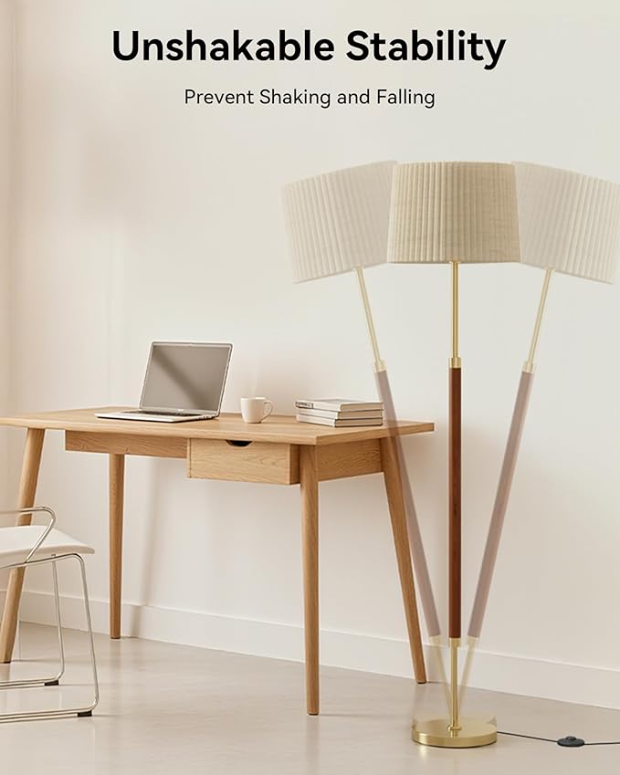 JOOFO Mid-Century Modern Wood Floor Lamp with Dual Fabric Shade, Remote Control, Dimmable & Adjustable Color Temperature, Reading & Living Room Lamp, Easy Clean Cover, Foot Switch