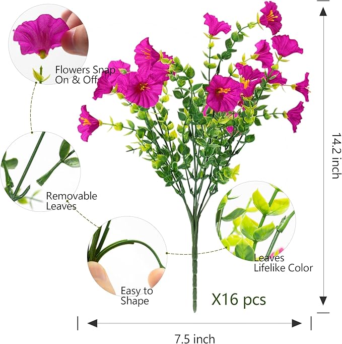 Artificial Flowers for Outdoors Spring Summer Decoration, 16 Bundles Fake Silk Realistic Morning Glory UV Resistant Faux Plastic Plants for Planter Front Door Porch Patio Yard (Fuchsia)