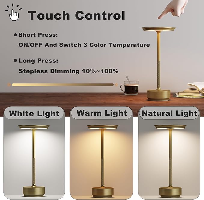 Cordless Table Lamp, LED Rechargeable Table Light with 3 Temp Settings, Stepless Dimming, 5000mAh Battery, USB-C, Memory, Aluminum Alloy, for Home, Patio, Restaurant, Outdoor. Gold