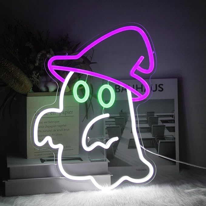 Witch Hat Ghost Neon Signs for Wall Decor Halloween Neon Sign Spooky Ghost LED Sign Gothic Lamp Neon Lights Signs Purple Witch Hat Neon Wall Sign for Bedroom Bar Halloween House Party Decor