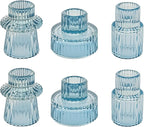Double Sided Vintage Ribbed Taper Glass Candle Holders,Tea Candle Holder for Table Centerpieces, Wedding Decorations and Dinner Parties (Bule, 6 PCS)