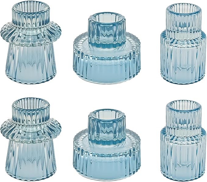 Double Sided Vintage Ribbed Taper Glass Candle Holders,Tea Candle Holder for Table Centerpieces, Wedding Decorations and Dinner Parties (Bule, 6 PCS)