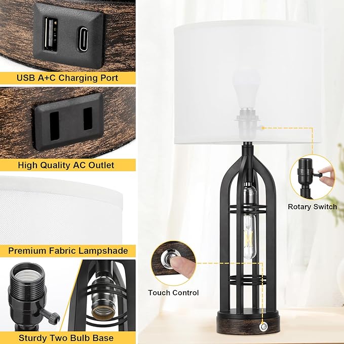 Seealle Table Lamp for Living Room Set of 2 - Bedside Lamp for Bedroom with USB C+A & Outlet, Farmhouse Lamps for Night Stands, 3-Way Dimmable Touch Lamps for Living Room with White Shade