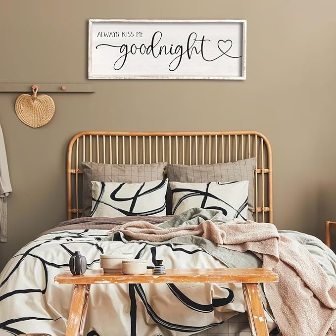 flowtorely Always Kiss Me Goodnight Wall Sign For Master Bedroom Above Bed Wall Decor 32''×12'' Large Rustic Solid Wood Frame For Farmhouse Couples Above bed Wall Art Decoration (White)