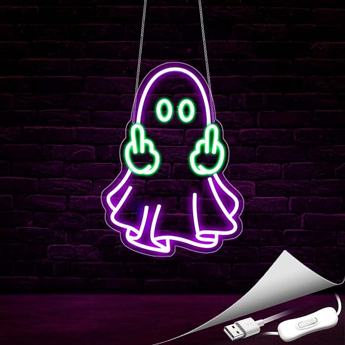Ghost Neon Sign, Neon Signs for Wall Decor Neon Purple LED Signs Room Neon Light Up Signs Home Decor for Bedroom Club Party Bar Shop USB Operated