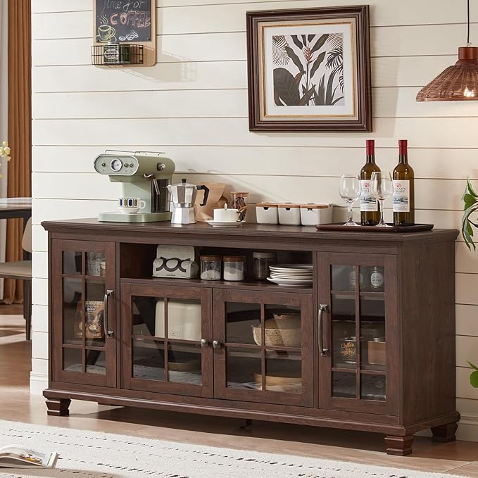 Large Sideboard Buffet Cabinet with Storage, Vintage Walnut Farmhouse 60" Wide Credenza Accent Cabinets with Glass Doors & Wood Legs, Kitchen Coffee Bar Table for Dining Room, Living Room