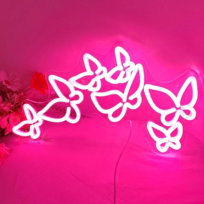 SYLHOME Pink Butterfly Led Neon Light Sign Girls Bedroom Kids Room Beauty Studio Living Room Wedding Birthday Christmas Party Light Up Sign 16.5" X 8.9" USB