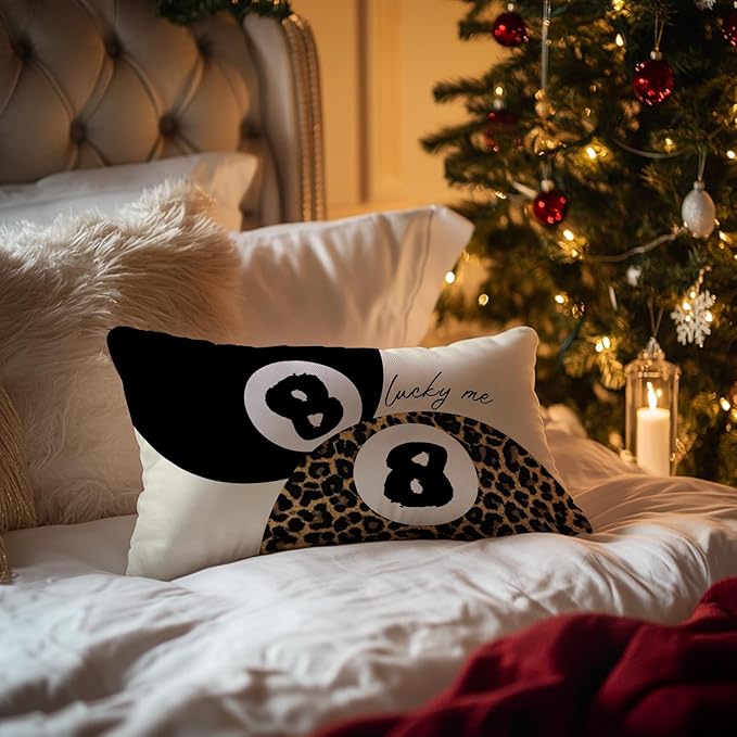 Coquette Pink Bow Leopard Print Lips Lucky 8 Ball Throw Pillow Covers 20x12, Cheetah Print Room Decor, Funky Y2K Leopard Decorative Pillow Covers for Girls Room Dorm Apartment Home