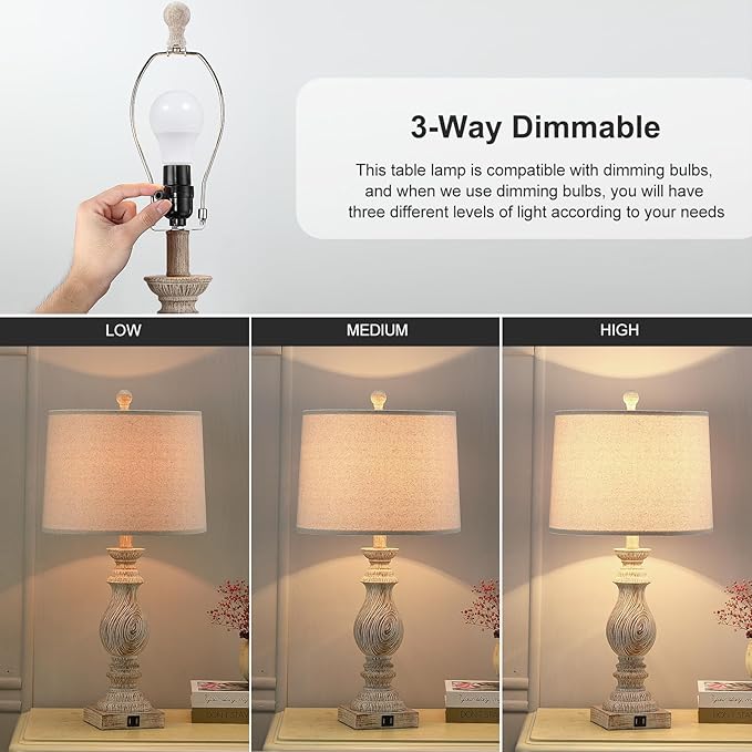 26.3” Rustic Table Lamps Set of 2 for Living Room Bedroom Beside Lamps with USB Charging Ports,Vintage Nightstand Lamp Farmhouse Dimmable End Table Resin Desk Lamp