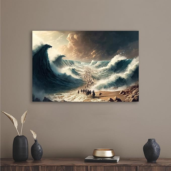 XWNLTEPK Moses Parted Red Sea Figures Jesus Bible Art Modern Poster Jesus Print Art Bible Home Decor Boho Wall Christian Canvas Art Poster
