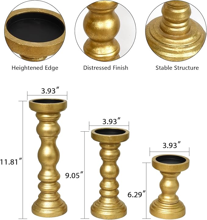 SWALLOWLIVING Rustic Farmhouse Wood Pillar Candle Holder Set of 3 for Candlestick, Gold