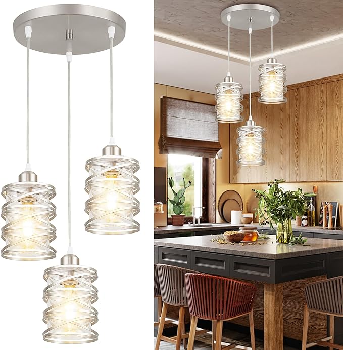 Pendant Lights Kitchen Island Brushed Nickel Pendant Light Kitchen Island Lighting, 3-Light Pendant Light Fixtures with Clear Glass Shades Spiral Iron Cluster Dining Room Light Fixture