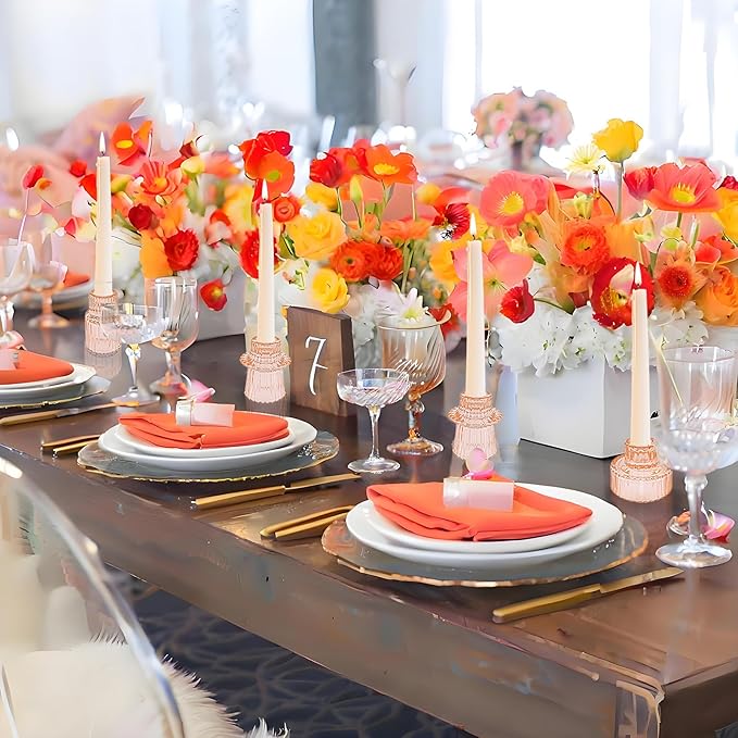 Double Sided Vintage Ribbed Taper Glass Candle Holders,Tea Candle Holder for Table Centerpieces, Wedding Decorations and Dinner Parties (Orange Pink, 6 PCS)