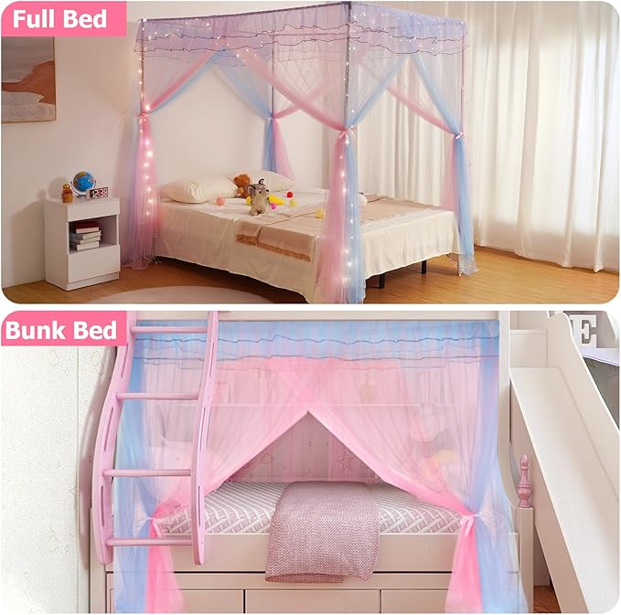 Full Size Bed Canopy with Lights, Bed Canopy for Girls Princess with Luminous Stars, Canopy Bed Curtains for Full Bed Kids Indoor Decor Bedroom, 4 Corner Post Bunk Bed for Student Dormitory, Blue&Pink