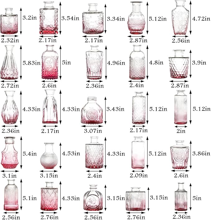 Bud Vases in Bulk 30, Pink Glass Vases for Centerpieces, Small Vase for Flowers, Small Flower Vase for Centerpieces, Mini Vintage Vases for Wedding Table Decor