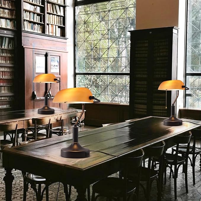 Vintage Bankers Desk Lamp with Pull Chain Switch, Traditional Desk Lamp with USB A and Type C Charging Port, Oil Rubbed Bronze Table Lamp with Amber Glass Shade for Office, Library, Study Room