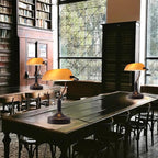 Vintage Bankers Desk Lamp with Pull Chain Switch, Traditional Desk Lamp with USB A and Type C Charging Port, Oil Rubbed Bronze Table Lamp with Amber Glass Shade for Office, Library, Study Room