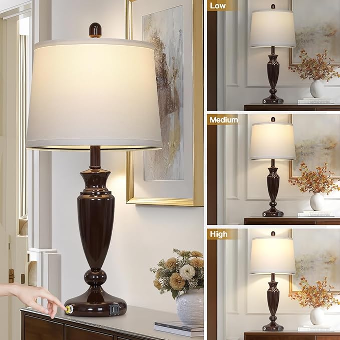 27'' Brown Living Room Lamps Set of 2, 3 Way Touch Control Table Lamps with USB A+C Ports, Modern Bedside Lamps, Elegant Metal Nightstand Lamps for Bedroom Office End Table Decoration