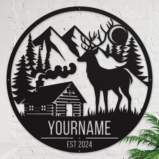 Personalized Deer Forest Name metal Signs,Custom Shed Metal Wall Decor,Black Deer Metal Wall Art Decor,Deer Home Metal Signs Plaques,Outdoor wall Decorative Signage (Style B)
