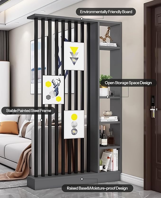 Wall Room Divider, Storage Cabinet Storage Display with Shelves, Modern Freestanding Wood Room Divider Screen, Wall Privacy Screens for Home Decorative (Grey+Black,47" L x 9.5" W x 79.5" H)