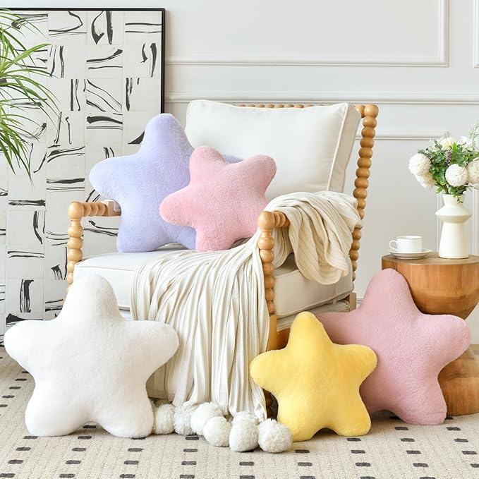 Xiashrk Star Pillow, Decorative Throw Pillows for Bed Couch, 19.6" Star Shaped Pillow Plush Floor Cushions Room Decor Pillow with Soft Faux Rabbit Fur for Sofa Bedroom Living Room