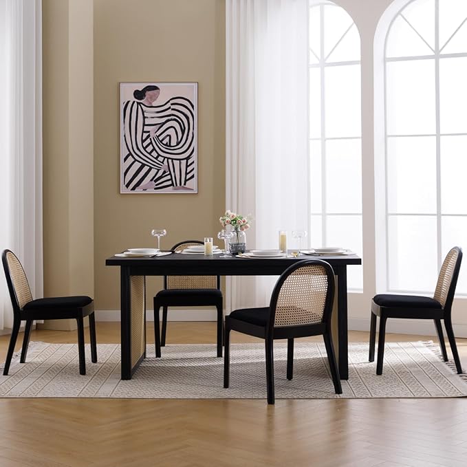 Mid Century Dining Chairs Set of 6, Accent Rattan Sherpa Fabric Side Chairs Kitchen Chair with Solid Wooden Legs for Living Room Dining Room, Black