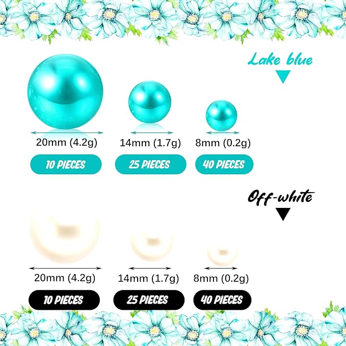 Teal White Vase Filler | 150PCS Pearls Bead for Centerpieces Vases | 8/14/20 mm No Hole Beads, Fake Pearls for Wedding Birthday Theme Party Table Centerpieces Decor