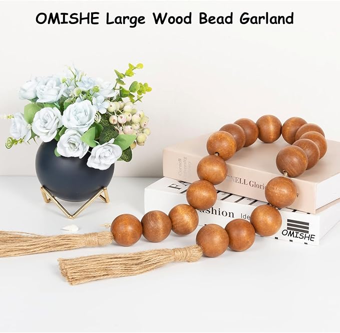 OMISHE Extra Large Wood Bead Garland Brown with 1.6" Diameter Wooden Beads and Tassels, 41" Long Rustic Farmhouse Country Decorative Beads for Home Tiered Tray Decor, Brown