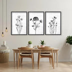 Flower Plant Wall Art Decor 16"x11" Set of 3 Black And White Botanical Painting Wood Framed For Minimalist Bedroom Office Rustic Living Room Abstract Wildflower Sign Hanging (Black)