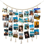Hanging Photo Display Wall Decor, Macrame Wall Hanging Boho Room Bedroom Decor, Boho Wooden Beads Garland Collage Picture Card Frame Holder with 40 Clips for Bedroom Living Room Dorm, Tapestry