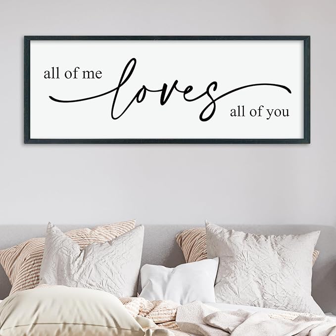 LuZhiQiang All Of Me Loves All Of You Wall Decor Art 40"×15" Master Bedroom Above Over Bed sign Love Quotes Large Framed Wooden Wall Hanging (Black)