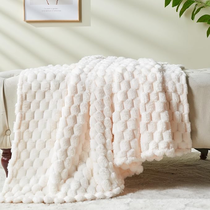 NEWCOSPLAY Super Soft Twin Blanket Ivory Premium Silky Flannel Fleece 3D Clouds Stylish Jacquard Lightweight Bed Blanket All Season Use 350GSM (Ivory, Twin(60"x80"))