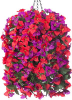 Artificial Bougainvillea Faux Flowers Plants Baskets for Outdoor Outside Decoration, 3PCS Fake Silk Flowers Long Trailing Vines UV Resistant Realistic for Front Door Porch Patio Balcony, PurpleRed