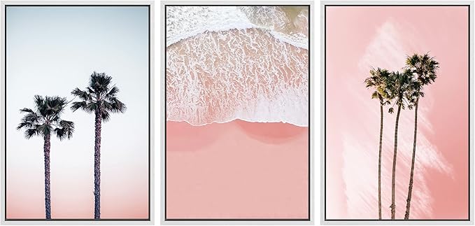 SIGNWIN 3 Piece Framed Canvas Wall Art Palm Tree in The Pink Beach Canvas Prints Home Artwork Decoration for Living Room,Bedroom - 24"x36"x3 White