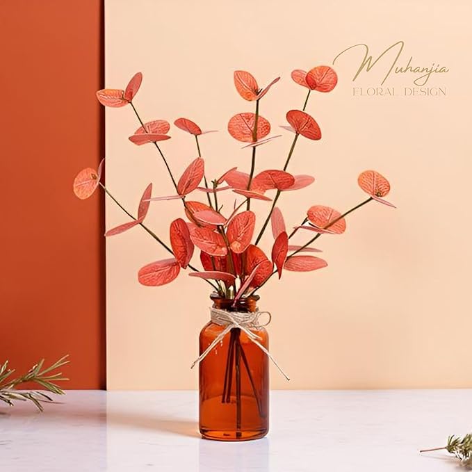 Artificial Eucalyptus Stems in Amber Glass Vase with Faux Water,3Pcs Fake Plant with Double-Sided Orange Leaves for Centerpiece (Double-Sided Orange Eucalyptus)