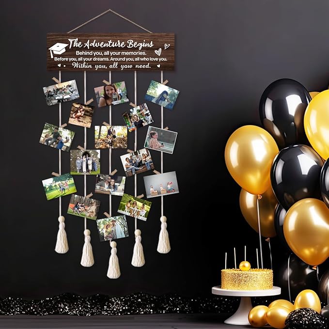 The Adventure Begins Graduation Picture Frame,Graduation Frame with Tassel Holder and 16 Clips,School Photo Framed,Highschool Graduations Gifts for He Her