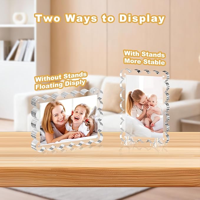 5x7 Acrylic Picture Frames, 3 Pack Magnetic Photo Frame with Stands, Double Sided Clear Picture Frames,10+10mm Thickness Scalloped Photo Frames for Home Office Decor Table Top Display