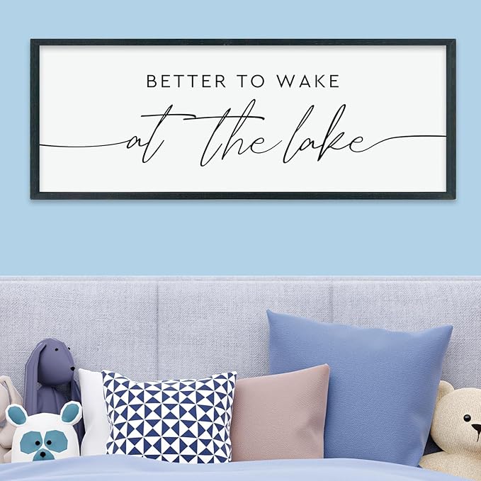 LuZhiQiang Better To Wake At The Lake Above Bed Wall Decor 40"×15" for Lake House Bedroom Over Bed Sign Wood Framed Large Wall Hanging Art (Black)