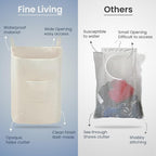 The Fine Living Co. Hanging Laundry Hamper with Over Door Hooks & Adhesive, Durable Space Saving Laundry Bag with Zipper and Wide Open Top, Hanging Dorm Laundry Hamper 18"x4.75"x28" (Beige-L)