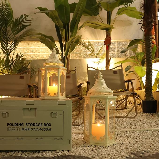 NEEDOMO Lanterns Decorative Outdoor & Indoor, Set of 2 Outdoor Lanterns for Porch,Large Candle Lantern, Beige Metal Frame with Glass for Fall, Christmas