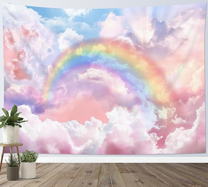 HVEST Rainbow Cloud Tapestry Wall Hanging, Rainbow and Pink Cloud with Glow Sunshine in Pastel Sky Tapestry, Aesthetic Nature Landscape Tapestry for Living Room Bedroom Aesthetic Decor, 36L x 48W Inches