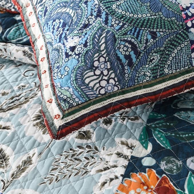 Cotton Bedspread Quilt Bedding Sets Reversible Coverlet Sets 3 Pieces Vintage Floral Blue Teal Patchwork Bedspread, King Size