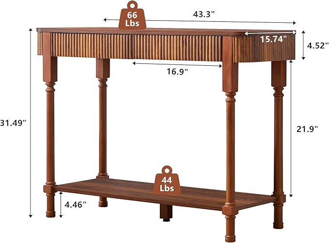 43.3” Console Table with 2 Drawers, Modern Entryway Table with Fluted Panel & Storage Shelf, Narrow Wood Behind Couch Sofa Table for Living Room, Foyer, Hallway(Walnut)