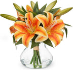 Hollyone Tiger Lily Fall Flowers Artificial for Decoration in Vase Real Touch Orange Autumn Silk Faux Flowers Arrangements with Glass Vase with Fake Water Lily Centerpiece Fall Decorations for Home