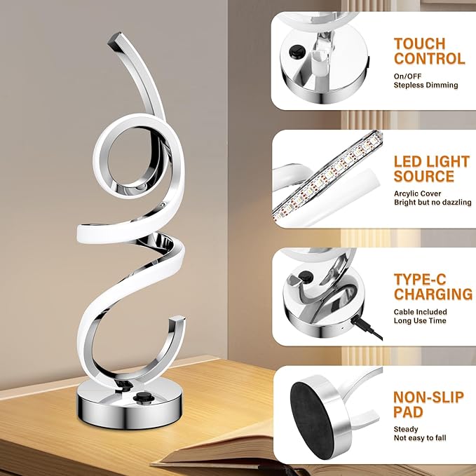 Modern Spiral Table Lamp Color Changing Night Light Rechargeable LED Nightstand Lamp Dimmable Bedroom Lamp Remote Control for Home Decor Living Room Bedroom Office