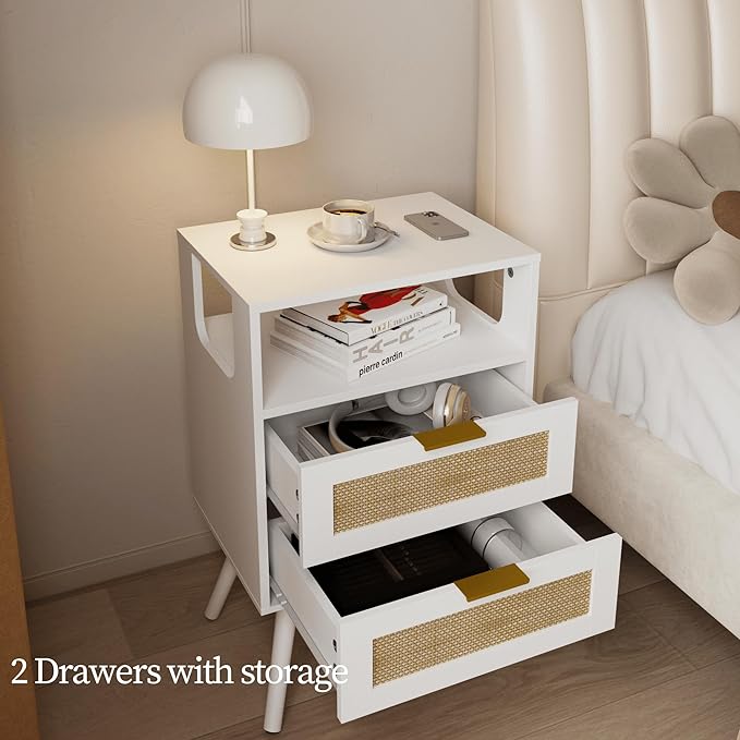 Rattan Nightstand,Farmhouse Bedside Table with 2 Storage Drawer and Open Wood Shelf, for Bedroom and Small Spaces,Night Stand with Solid Wood Legs (White)