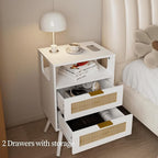 Rattan Nightstand,Farmhouse Bedside Table with 2 Storage Drawer and Open Wood Shelf, for Bedroom and Small Spaces,Night Stand with Solid Wood Legs (White)